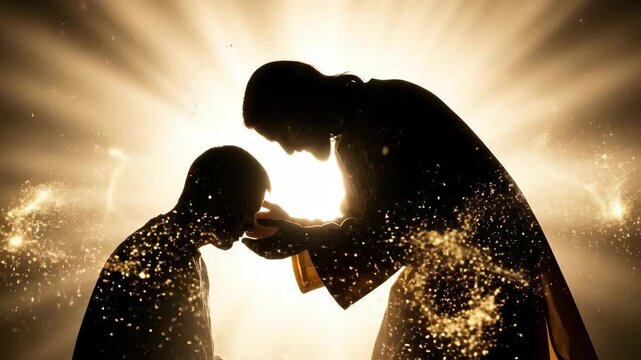 Man receiving blessing from Jesus Christ. Concept of spiritual healing, baptism and divine touch. Faith inspiration