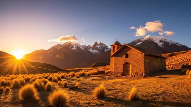 Sunrise behind a historic adobe church with cross in a rural mountain landscape, golden light over fields and snow-capped peaks.