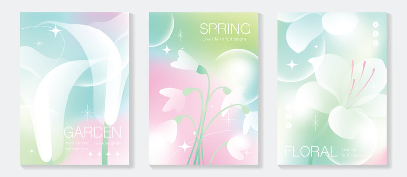 Spring flowers poster vector set. Botanical pastel gradient background and  white floral design for spring and summer sale ads, invitation backgrounds, cards, branding, packaging and wall decoration.