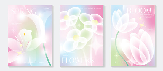 Fototapeta premium Spring flowers poster vector set. Botanical pastel gradient background and white floral design for spring and summer sale ads, invitation backgrounds, cards, branding, packaging and wall decoration.