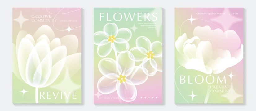 Spring flowers poster vector set. Botanical pastel gradient background and  white floral design for spring and summer sale ads, invitation backgrounds, cards, branding, packaging and wall decoration.