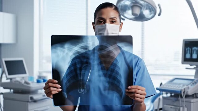 Female doctor examining X-ray in modern medical office