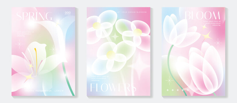 Spring flowers poster vector set. Botanical pastel gradient background and  white floral design for spring and summer sale ads, invitation backgrounds, cards, branding, packaging and wall decoration.
