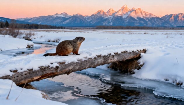 Yellow-bellied marmot on a snow-covered log bridge in winter. Groundhog standing in a snowy mountain landscape at sunset. Wildlife in the Grand Tetons at golden hour