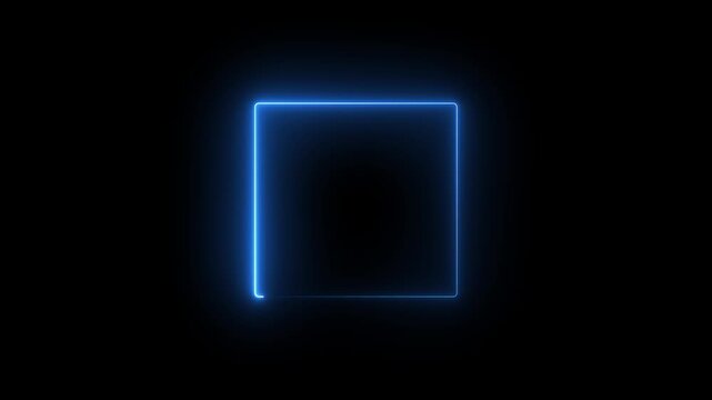 Glowing neon square frame animation. luminous banner animation. blue color neon box icon. Neon Figure On Black Background. 4k video...