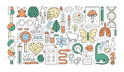 Science research in biology, chemistry and medicine. Banner of scientific laboratory with geometric icons of bio technology, organic cell, dna molekule, animals, brain and heart, vector illustration