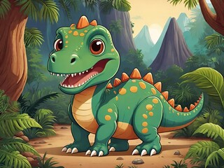 Obraz premium A vibrant digital illustration of a cute, cartoonish green dinosaur with orange spots and plates, standing in a lush prehistoric jungle with mountains and a sunrise in the background
