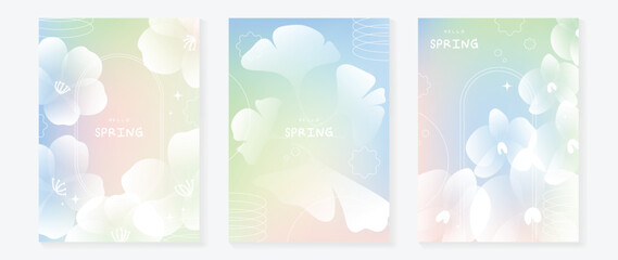 Obraz premium Spring flowers poster vector set. Botanical pastel gradient background and white floral design for spring and summer sale ads, invitation backgrounds, cards, branding, packaging and wall decoration.