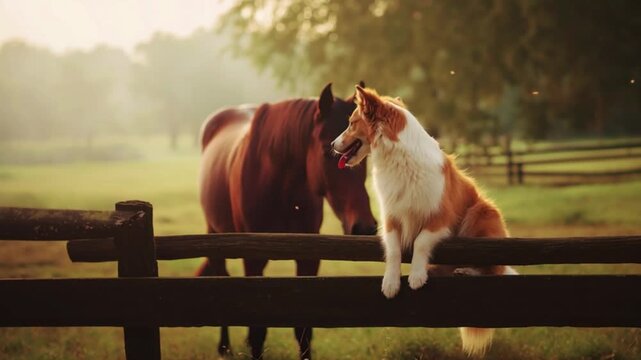 Happy dog and horse standing together on wooden fence countryside farm sunrise scene, friendship between animals rural nature landscape pastoral life domestic pet and livestock harmony outdoor backgro