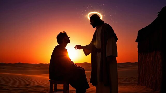 Jesus Christ healing a man in the desert, his hand on the mans head, then talking, and finally restoring sight. Religious miracle and faith.