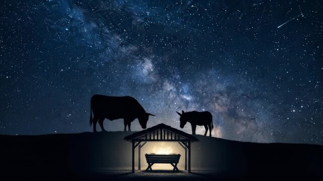 Empty manger in a stable with cow and donkey silhouettes under a starry night sky, with a shooting star appearing. Christmas nativity scene.