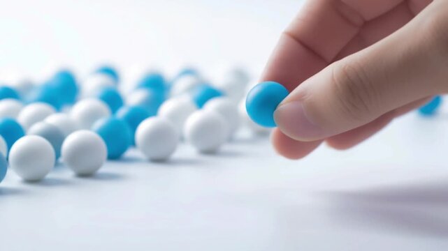 Hand picking single blue sphere from many white spheres minimal concept, leadership decision making strategy selection, business management choice differentiation individuality problem solving backgro