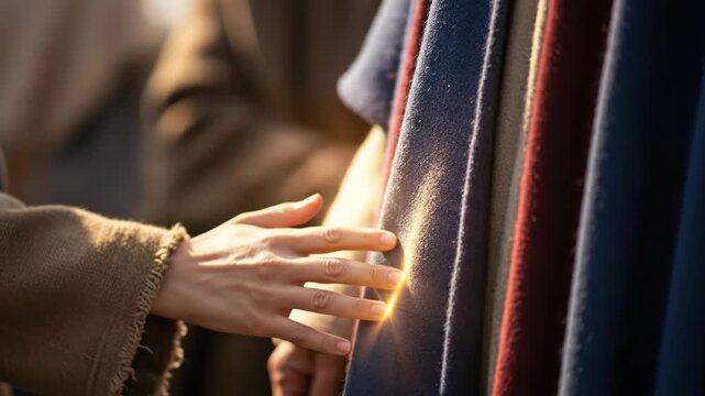 A womans hand reaches out to touch the robe of another person, with a radiant glow emanating from the contact point, symbolizing faith and healing.
