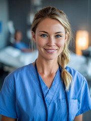 Fototapeta premium Friendly female nurse in blue scrubs smiling confidently while standing in hospital room with patient bed and medical equipment in soft focus background