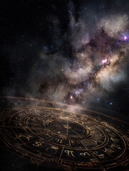 Fototapeta premium Futuristic cosmic clock blending astronomy and timekeeping under a star-filled galaxy