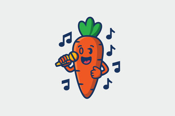Bright cartoon carrot mascot singing with a microphone and musical notes