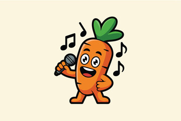 Bright orange cartoon carrot mascot singing with a microphone and musical notes