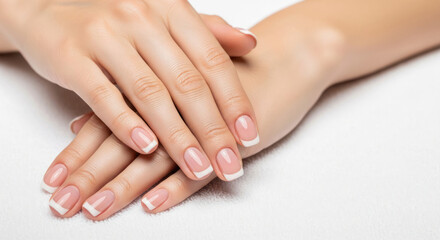 Naklejka premium Well-groomed hands with French manicure resting on a soft white surface, showcasing neat nails and smooth skin texture