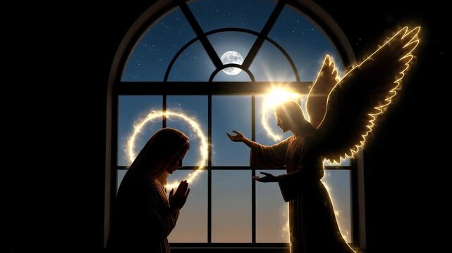 Angel Gabriel s illumination increasing as he announces to the blessed Virgin Mary at night. Annunciation of the Blessed Virgin Mary.