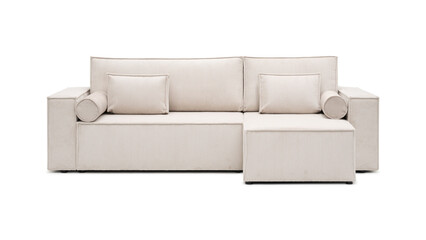 White striped fabric sectional sofa with cushions and rolled armrests against a white background