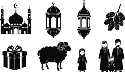 ramadan eid icon set mosque lantern dates ram sheep gift family faced silhouette black white vector crescent moon star © Jiam Creative