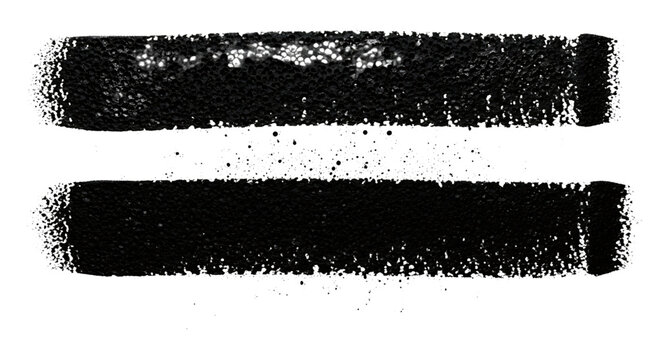Two black textured paint strokes with sponge effect and ink splatters