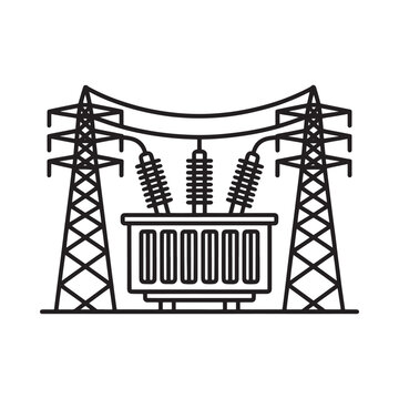 Linear illustration of an electrical substation with power lines and towers