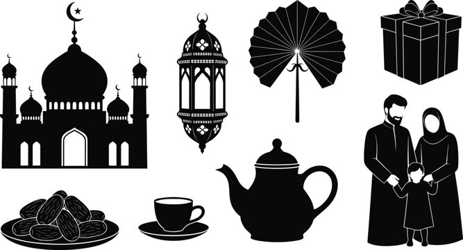 ramadan islamic icon set mosque lantern fan gift dates teapot family silhouette black white vector crescent moon star decoration