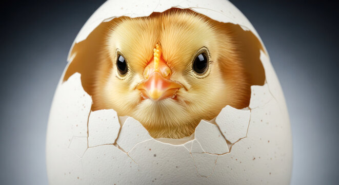 Chick emerging from cracked eggshell, close-up view highlighting feathers and facial features against a gradient background
