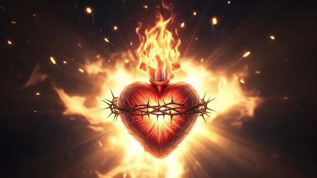 Sacred heart representation. Burning devotion symbol of Jesus Christ. Religious faith illustration for Christian worship and spiritual concept.