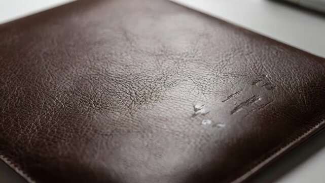 Footage of a leather laptop sleeve with microcapsule technology restoring its smooth texture after light abrasions emphasizing premium material resilience.