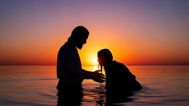 Silhouette of Jesus christ baptizing a woman in water during sunset, symbolizing faith, spiritual cleansing, and religious ceremony.
