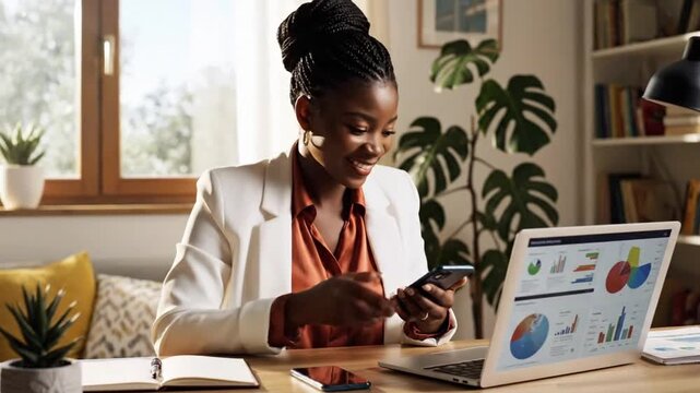 Woman works on laptop while checking phone in a home office setting during daytime