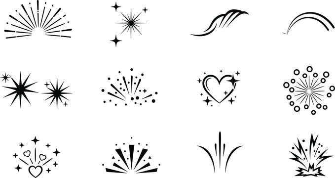 Minimalist black and white vector icon collection featuring various sparkle bursts, star shapes, heart explosions, fireworks, and decorative light rays isolated on white background.