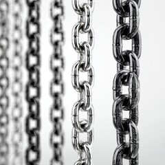 Shiny, metallic chains hanging vertically against a plain white background, depth of field