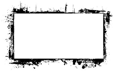 Black grunge frame texture background. Grunge ink blot frame with streaks, splashes, spots, dots, streaks. Abstract spot cadre. Splatters of paint, watercolor stain. 
