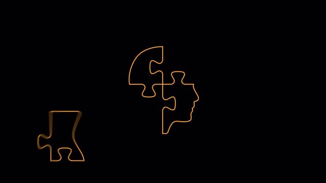 Human head made from four flying puzzle pieces. Brainstorming concept motion animation 4k video. Self esteem, success, inspiration concept animation illustration.