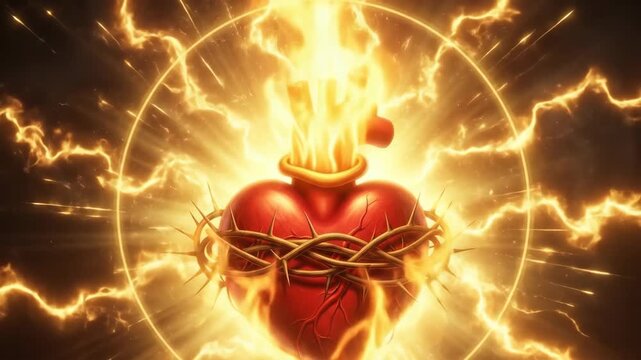 Sacred heart of jesus depiction with crown of thorns and dynamic holy fire. Religious art concept with spiritual light rays and divine glow.