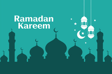 Minimalist Ramadan Kareem Greeting with Mosque Silhouettes and Lanterns