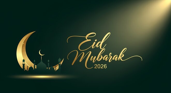 Luxury Eid Mubarak 2026 Greeting with Golden Mosque Silhouette and Crescent Moon