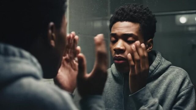 Boy stands in bathroom looking at his reflection and appears to think deeply about his situation and feelings