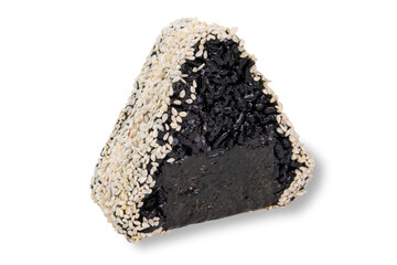Japanese triangular onigiri with black rice sesame seeds and nori seaweed isolated on white background