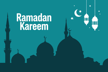 Minimalist Ramadan Kareem with mosque silhouette and lanterns
