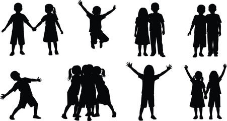 Obraz premium Children silhouettes collection playing jumping and holding hands, black and white vector illustration set, happy kids friendship concept