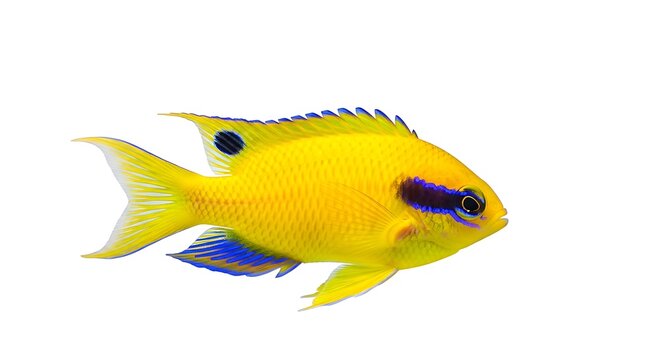 Vibrant yellow damselfish isolated on white background with shadow. AI Generated.