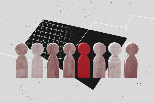 Trend artwork banner sketch 3D photo collage of human resources analytics company workshop cooperation team wooden people crowd leader