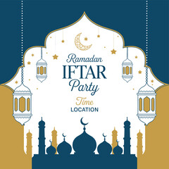 Ramadan Iftar Party Invitation with Mosque Silhouettes and Lanterns 1
