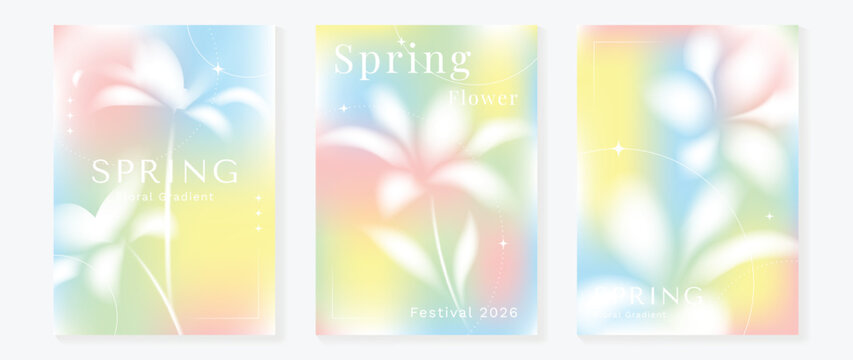 Spring flowers poster vector set. Botanical pastel gradient background and  white floral design for spring and summer sale ads, invitation backgrounds, cards, branding, packaging and wall decoration.
