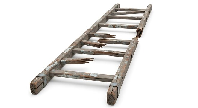 Broken wooden ladder with missing rungs isolated on white background with shadow. AI Generated.