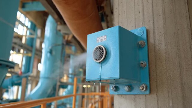 Medium shot capturing a localized ventilation unit positioned near machinery to extract pollutants directly at the source.